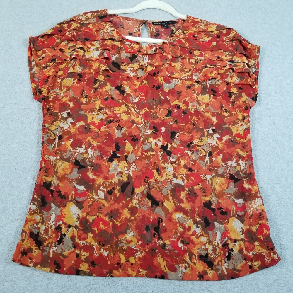 Preston & York Blouse Women S Small Red Orange Floral Abstract Sheer Chiffon Top